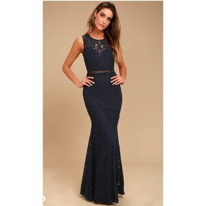 NWT Lulus Music of the Heart Navy Bruce Lace Maxi Dress, Medium